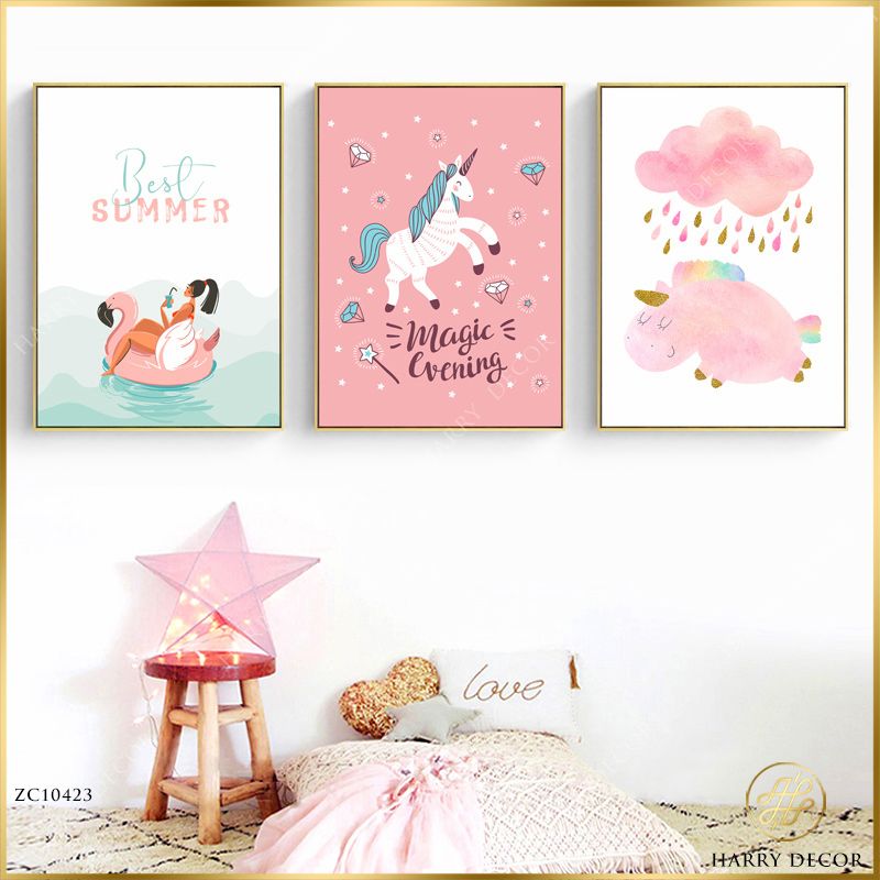  Bộ 3 Tranh Màu Hồng Thú Dễ Thương Cho Bé ZC10423 