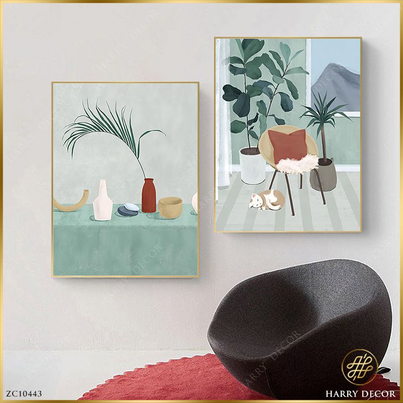  Bộ 2 Tranh Minimalism Chú Mèo Lười ZC10443 