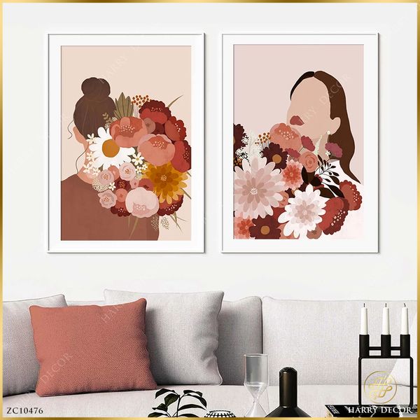  Bộ 2 Tranh Minimalism Cô Gái Ôm Bó Hoa ZC10476 