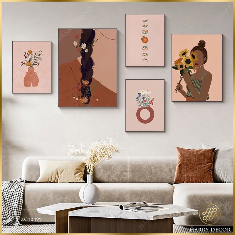  Bộ 5 Tranh Minimalism Cô Gái Và Bó Hướng Dương ZC10499 