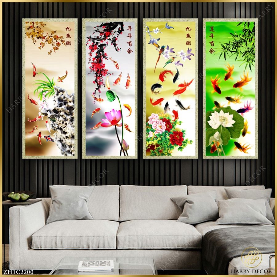  Bộ 4 Tranh Hoa Sen Cá Chép Cành Đào ZH1C2200 