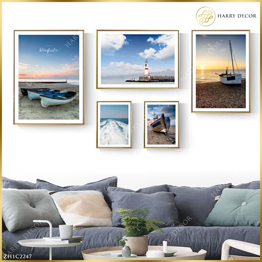  Bộ 5 Tranh Biển Xanh Xuồng Trên Cát ZH1C2247 