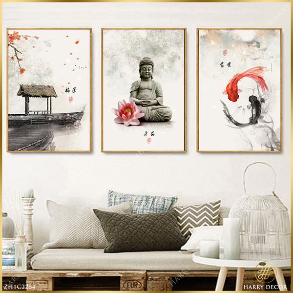  Bộ 3 Tranh Phật Và Đôi Cá ZH1C2264 