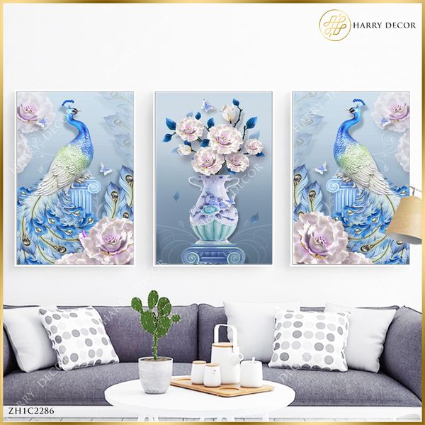  Bộ 3 Tranh Đôi Công Xanh Lấp Lánh ZH1C2286 
