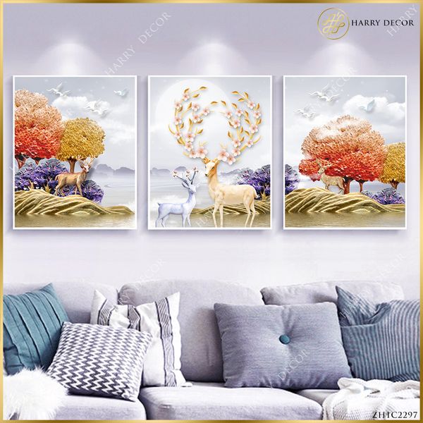  Bộ 3 Tranh Bốn Chú Hươu Lang Thang Golden Leaves ZH1C2297 