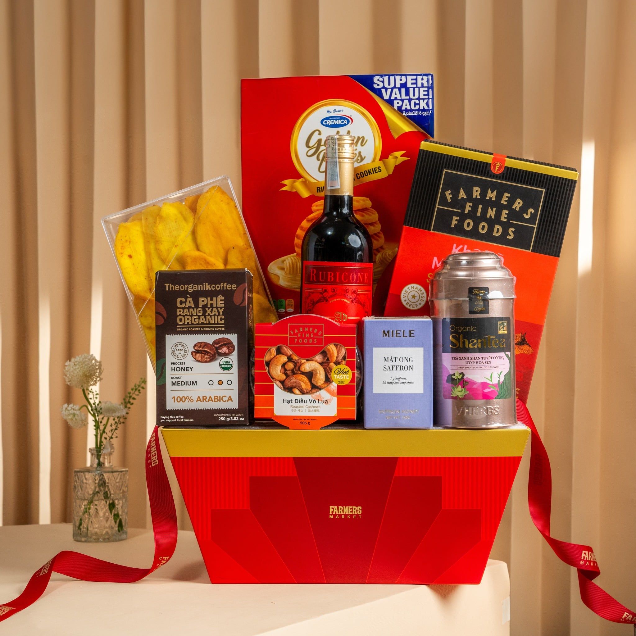 Giỏ Quà Rượu Vang Đỏ và Bánh - Mật Ong Tone Đỏ Tinh Tế - GIAO NỘI THÀNH TPHCM 