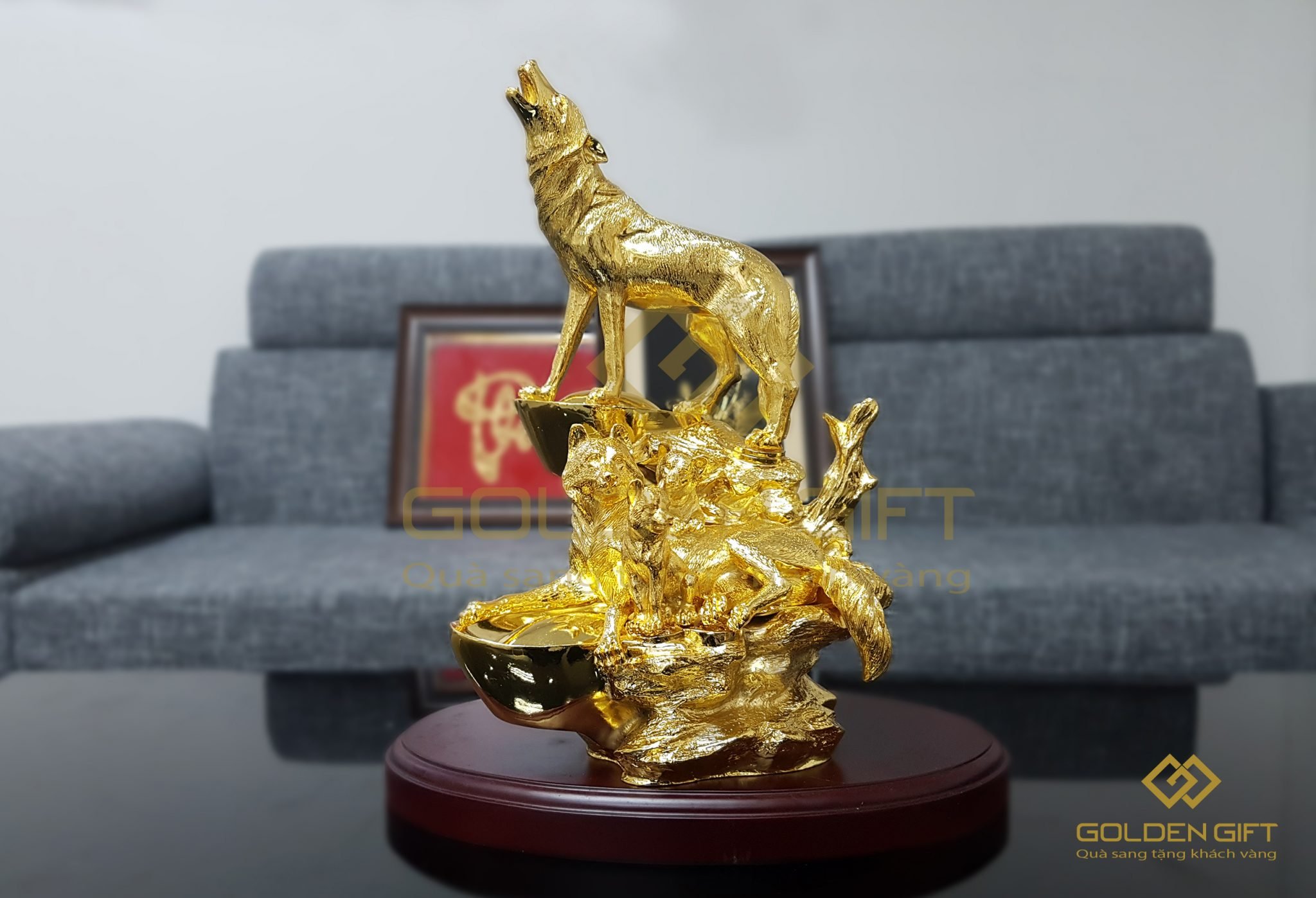 Tượng khuyển gia quần tụ mạ vàng 24K, Quà biếu Sếp dịp tết 2018, mua tượng linh khuyển tại hà nội