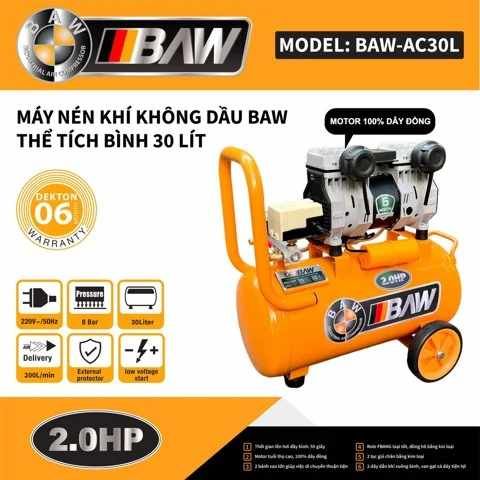  Máy Nén Khí BAW -AC30L - 30L - 2HP (Không Dầu) - 2 VÒI - Tặng súng dây 