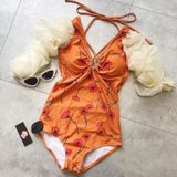  4BN54- đồ bơi một mảnh hoa tay nhún màu cam 