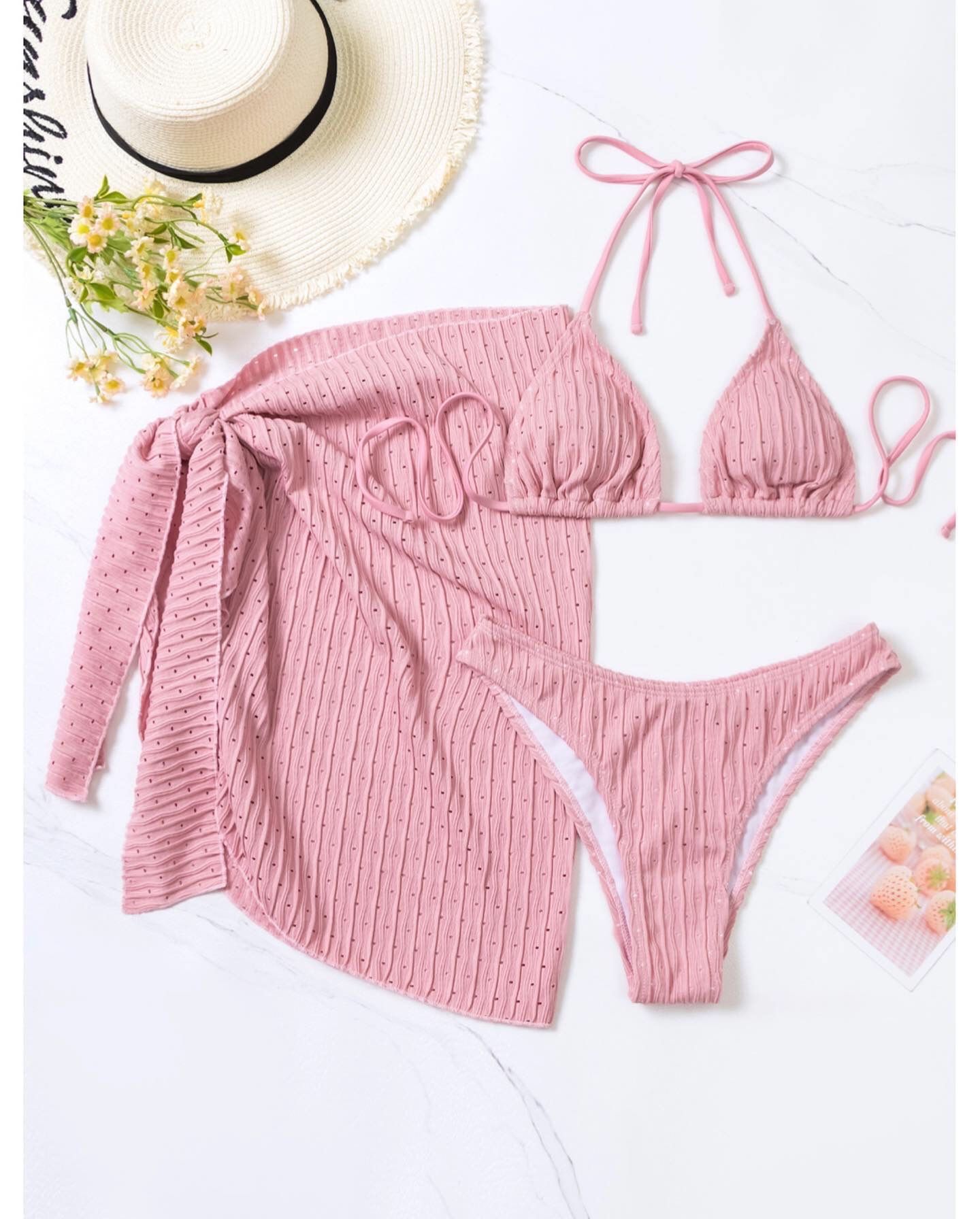  4BN149- set bikini kèm khăn hồng 