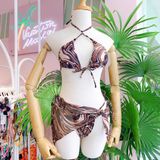  4BN159- set bikini loang kèm váy lưới 