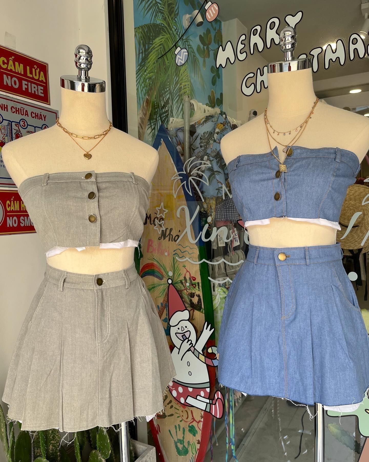 Set chân váy dài áo crop phối viền  CHIBEST