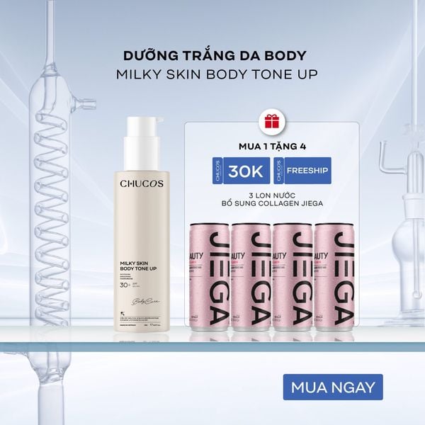  [Only For Web] Dưỡng Thể 3in1 Trắng Da, Nâng Tone, Chống Nắng Milky Skin Body Tone-Up CHUCOS 250g & [4 lon] Nước Uống Jiega 