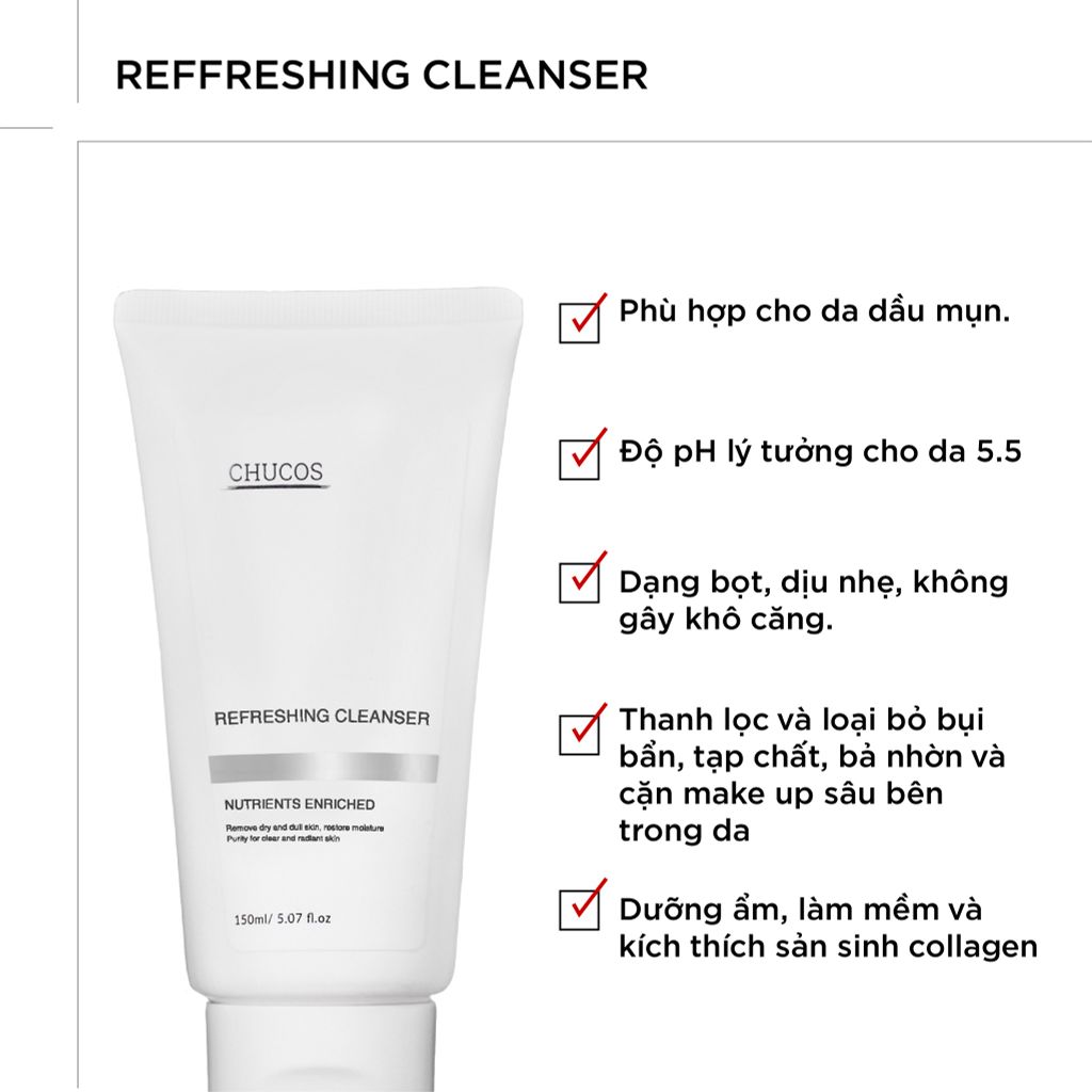 Sữa Rửa Mặt Sạch Nhẹ Dịu, Bổ Sung Độ Ẩm Cho Da Khô, Nhạy Cảm Chucos Refreshing Cleanser 150ml