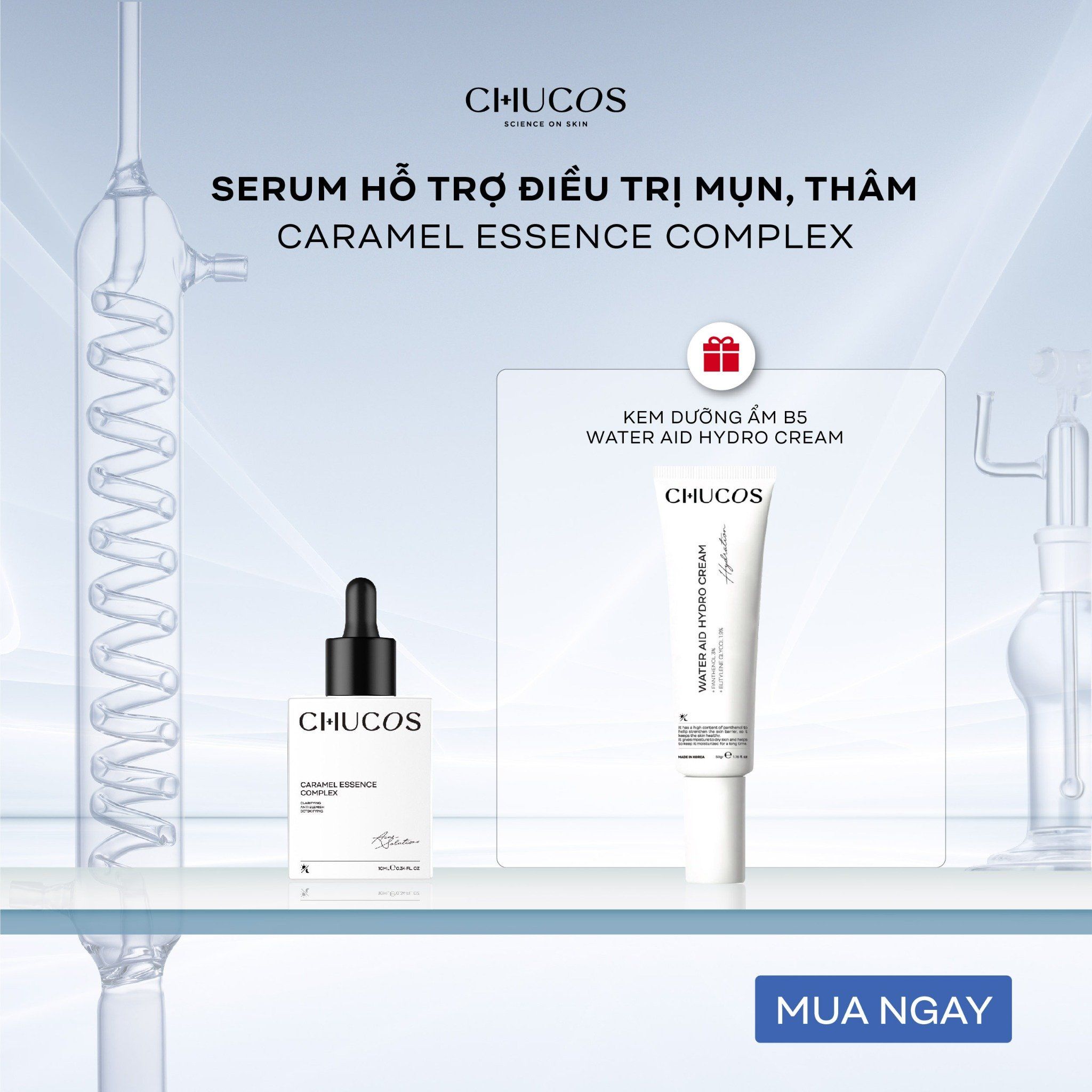  [Combo Quà Tặng] Serum Giảm Mụn, Mờ Thâm Chucos Caramel Essence Complex 10ml + Gel cấp ẩm Water Aid 50gr 