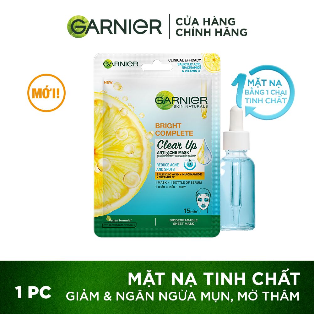  Mặt nạ tinh chất Vitamin C & Salycilic Acid giảm mụn Garnier Bright Complete Anti Acne Serum Mask 23g 