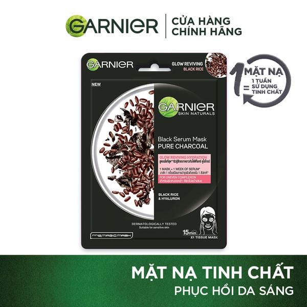 Mặt nạ tinh chất gạo đen & than tre sáng mịn da Garnier Charcoal & Black Rice Serum Mask 28g