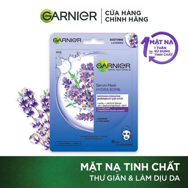 Mặt nạ tinh chất Hoa oải hương & Hyarulon thư giãn da Garnier Hydra Bomb Lavender Serum Mask 28g