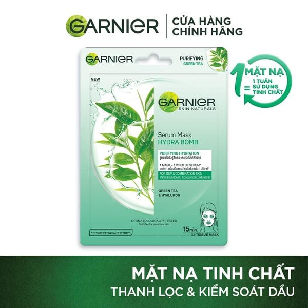 Mặt nạ tinh chất Trà xanh & Hyaluron kiềm dầu Garnier Hydra Bomb Green Tea Serum Mask 28g