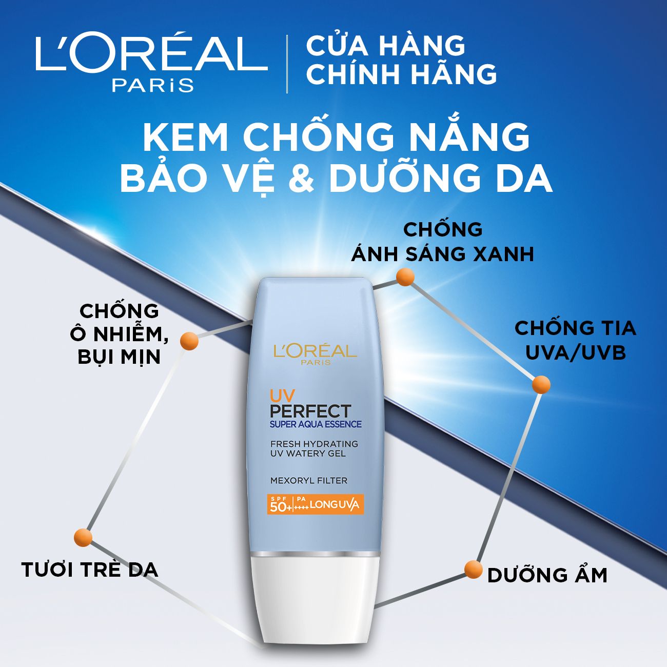  Kem chống nắng dưỡng ẩm & chống nhờn rít L'Oréal Paris UV Perfect Super Aqua Essence SPF50+ PA++++ 