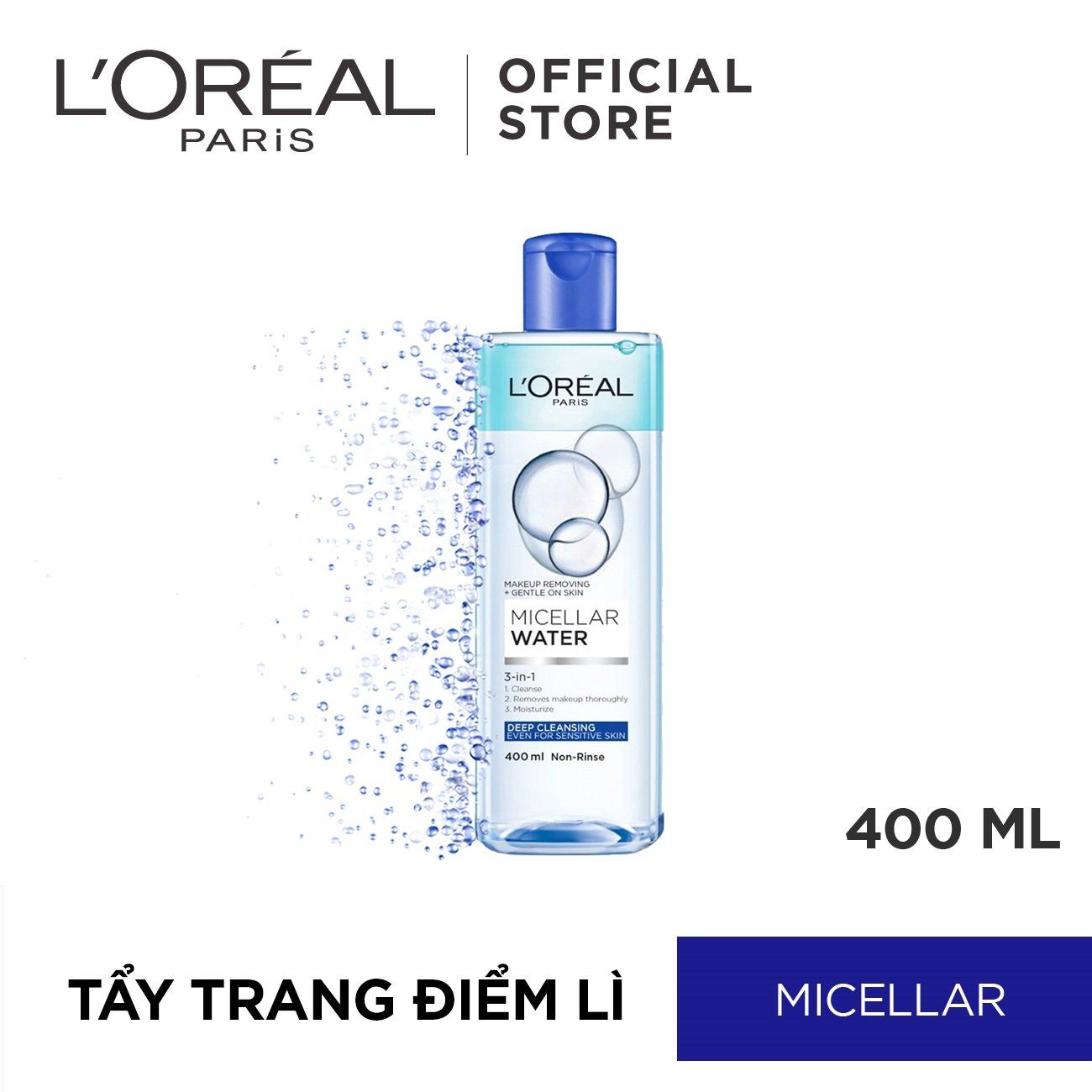  Nước tẩy trang L'Oreal Paris 3-in-1 Micellar Water 400ml: Làm Sạch Trang Điểm 