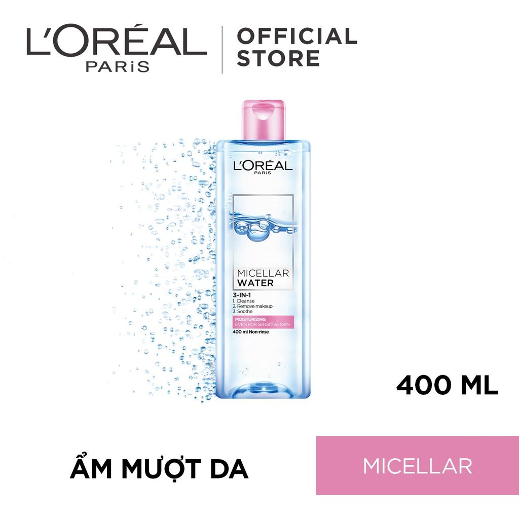  Nước tẩy trang đa năng làm sạch sâu 3-in-1 L'Oréal Paris Micellar Water 400ml - Dưỡng ẩm da 