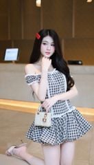 Đầm Caro Bẹt Vai Viền Xô