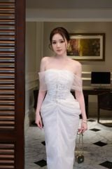 Đầm Lụa Bẹt Vai Lưới Đính Đá