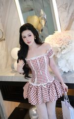 Đầm Caro Bẹt Vai Viền Xô