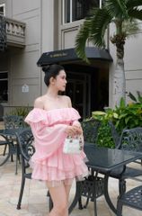 Đầm Xòe Bèo Bẹt Vai  Đan Dây