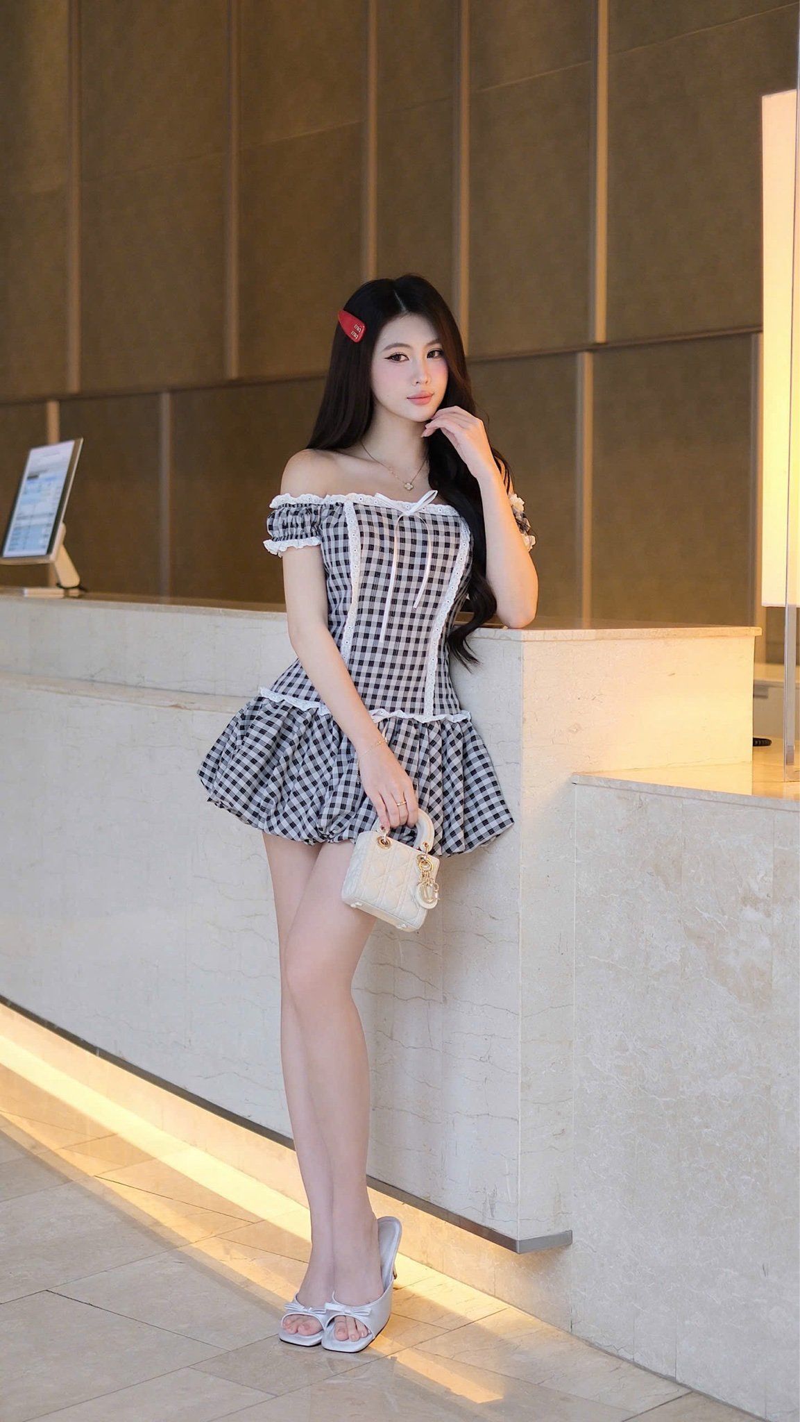 Đầm Caro Bẹt Vai Viền Xô