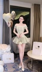Đầm Caro Bẹt Vai Viền Xô