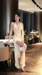Đầm Yếm Lụa Lưới Nhũ Xẻ Tà