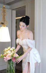 Đầm Lưới Bẹt Vai Phối Lụa