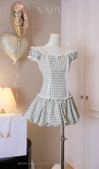 Đầm Caro Bẹt Vai Viền Xô