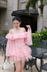 Đầm Xòe Bèo Bẹt Vai  Đan Dây