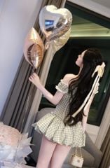 Đầm Caro Bẹt Vai Viền Xô