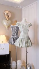 Đầm Caro Bẹt Vai Viền Xô