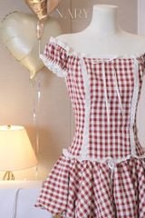 Đầm Caro Bẹt Vai Viền Xô