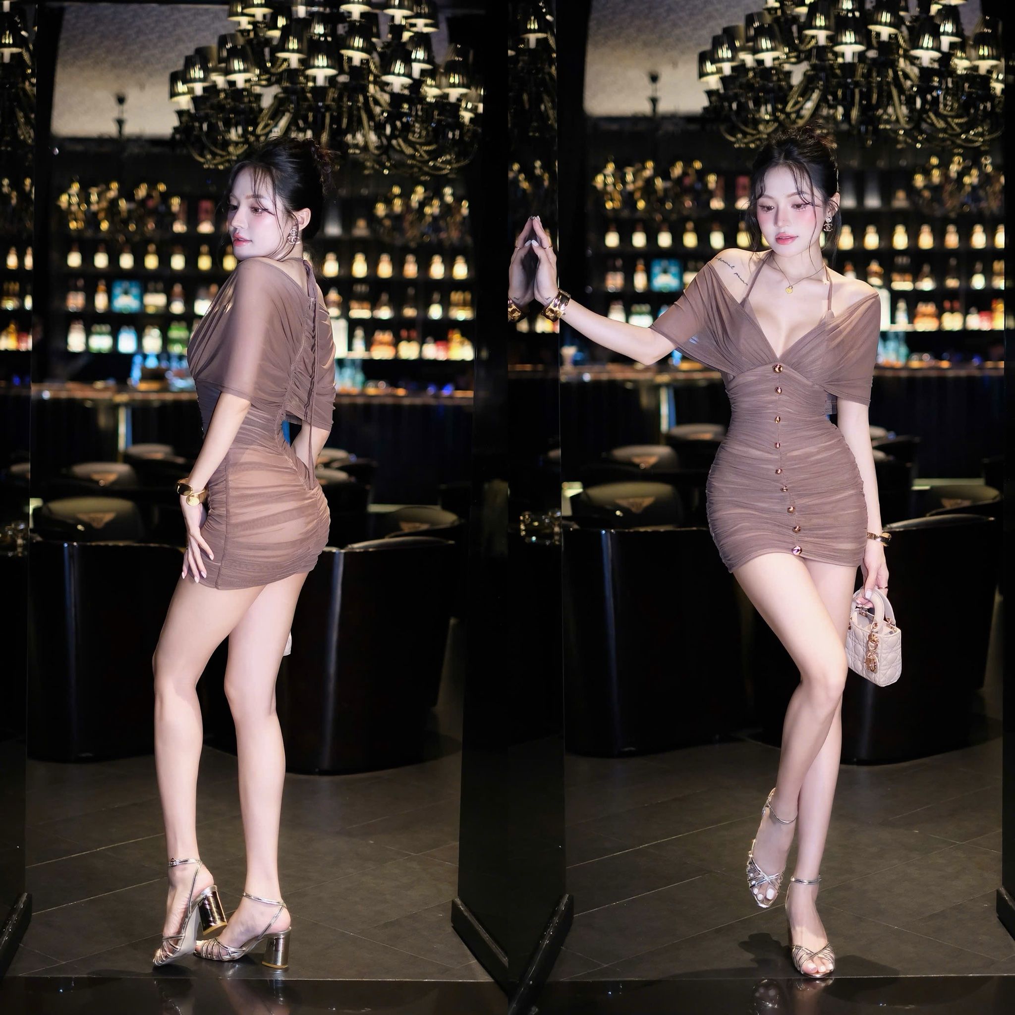 Đầm Thun Lưới Yếm Nút Vàng