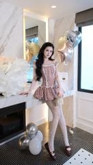 Đầm Caro Bẹt Vai Viền Xô