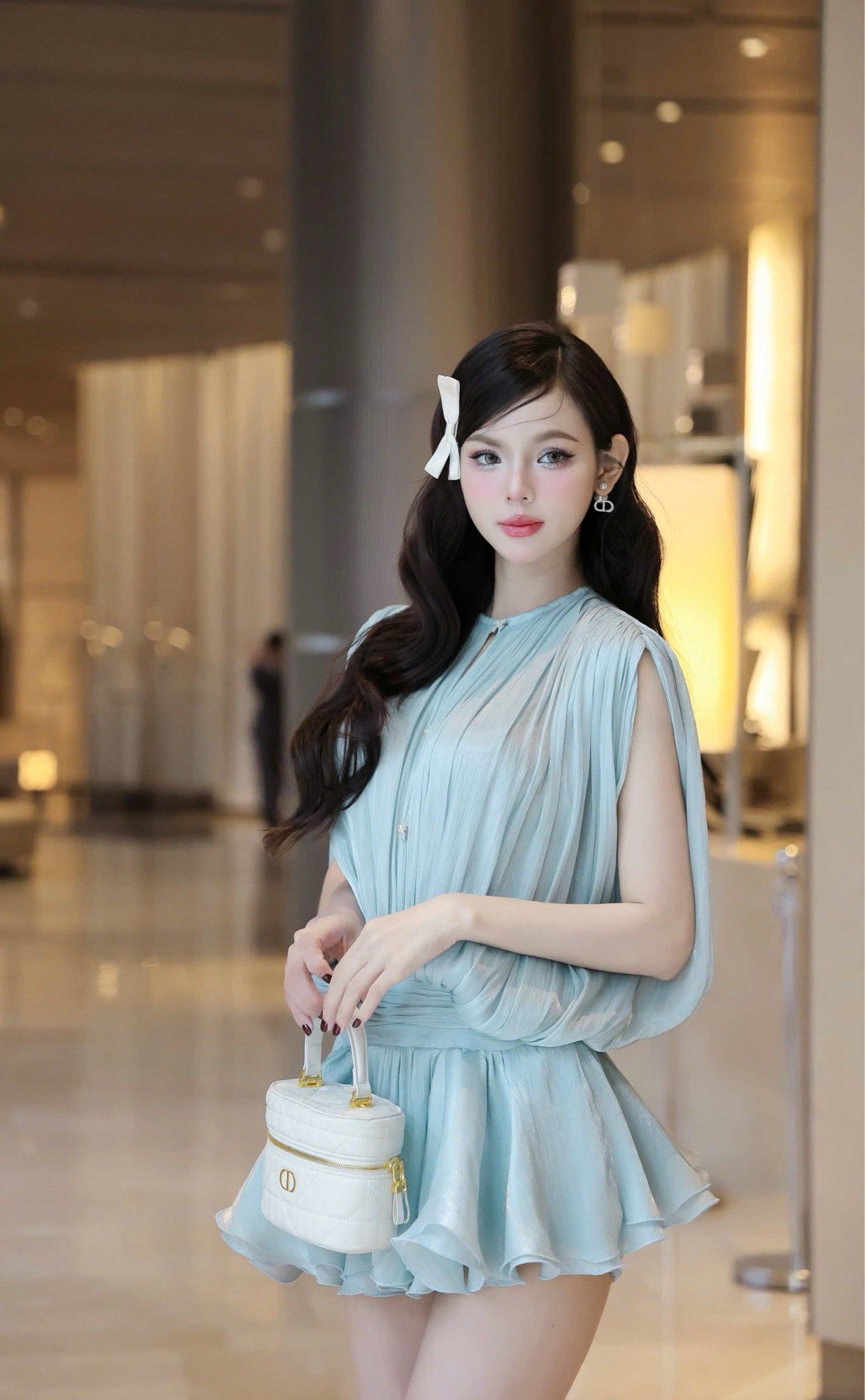 Đầm Voan Phồng Đính Nơ
