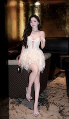 Đầm Cúp Thêu Hoa Đính Cườm