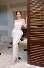 Đầm Lụa Bẹt Vai Lưới Đính Đá