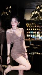 Đầm Thun Lưới Yếm Nút Vàng