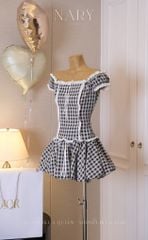 Đầm Caro Bẹt Vai Viền Xô