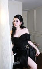 Đầm Lưới Bẹt Vai Phối Lụa