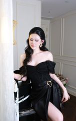 Đầm Lưới Bẹt Vai Phối Lụa