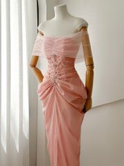 Đầm Lụa Bẹt Vai Lưới Đính Đá