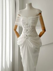 Đầm Lụa Bẹt Vai Lưới Đính Đá